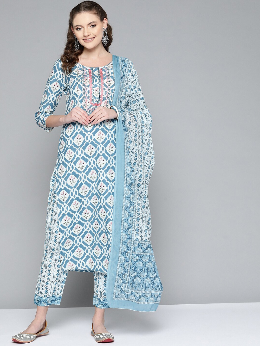 

MALHAAR Ethnic Motif Printed Mirror Work Pure Cotton Kurta With Trousers & Dupatta, Blue