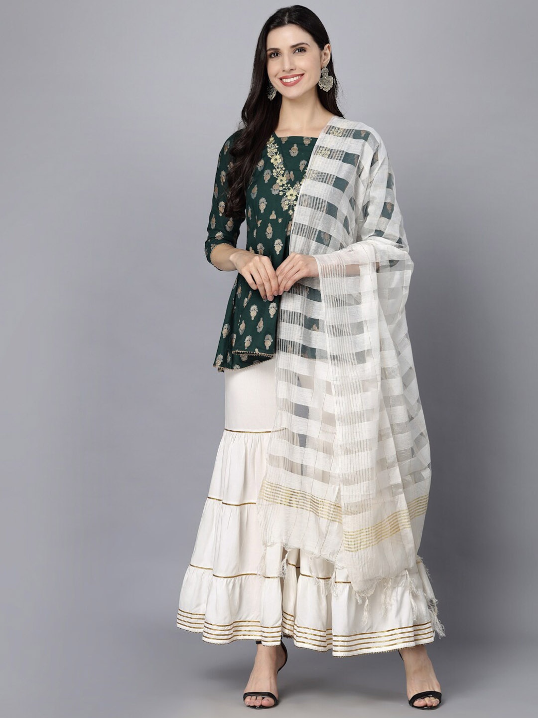 

MALHAAR Ethnic Motifs Printed Angrakha Kurti With Sharara & Dupatta, Green