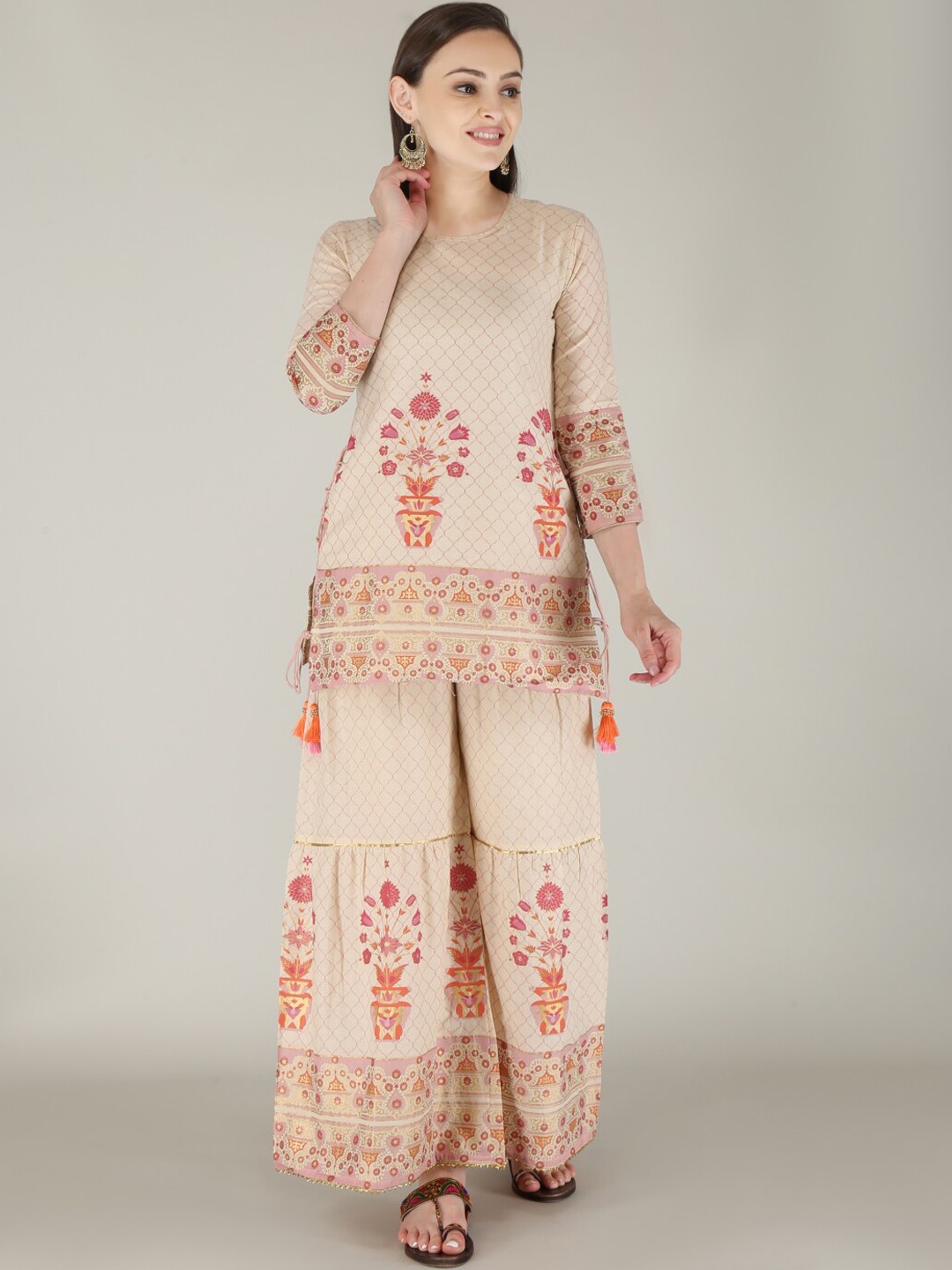 

MALHAAR Ethnic Motifs Printed Pure Cotton Kurti With Sharara, Beige