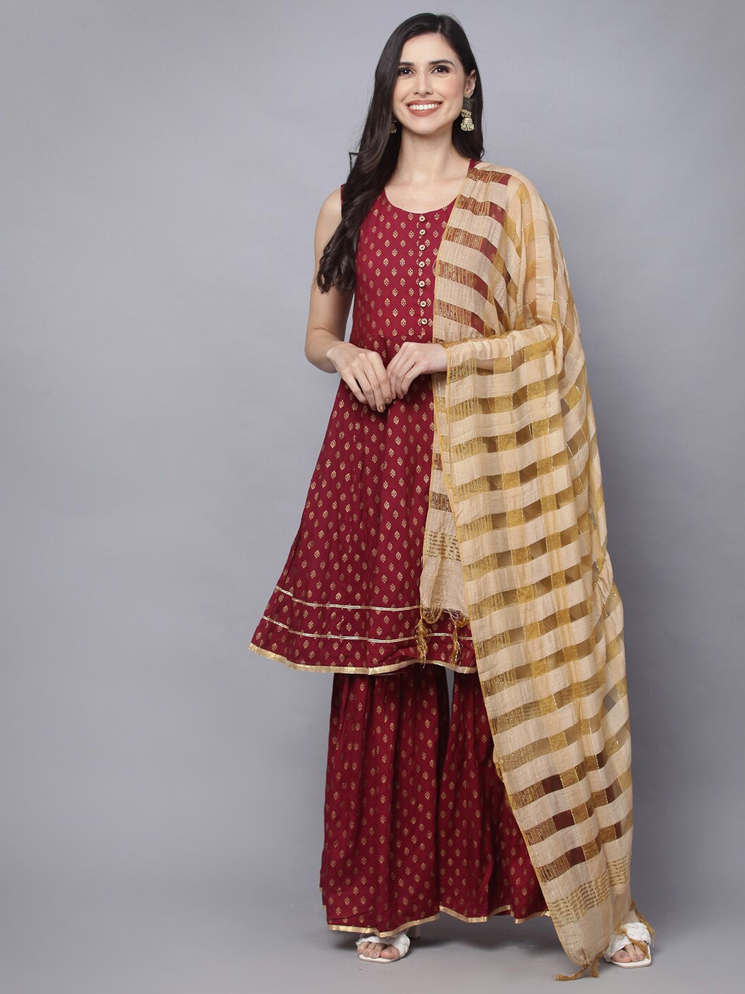 

MALHAAR Ethnic Motifs Printed Regular Kurta with Sharara & With Dupatta, Maroon