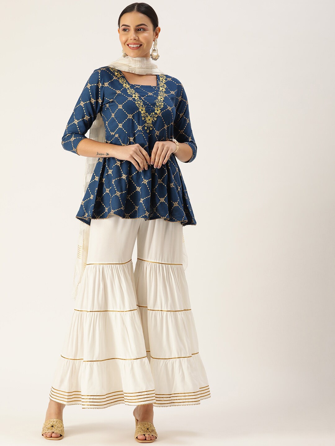 

MALHAAR Ethnic Motifs Printed Thread Work Kurti with Sharara & Dupatta, Navy blue