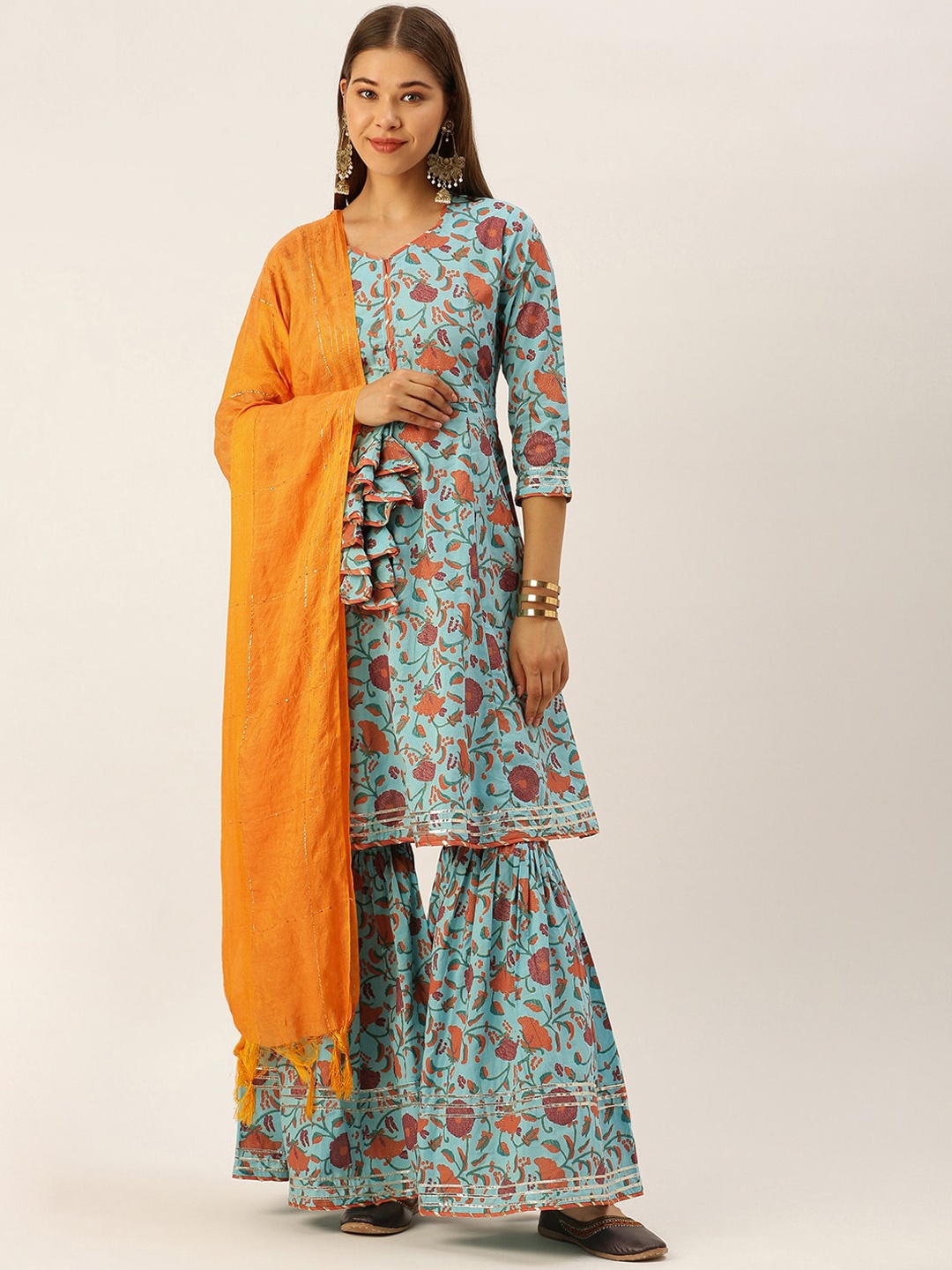 

MALHAAR Floral Printed Pure Cotton Kurta with Sharara & With Dupatta, Blue