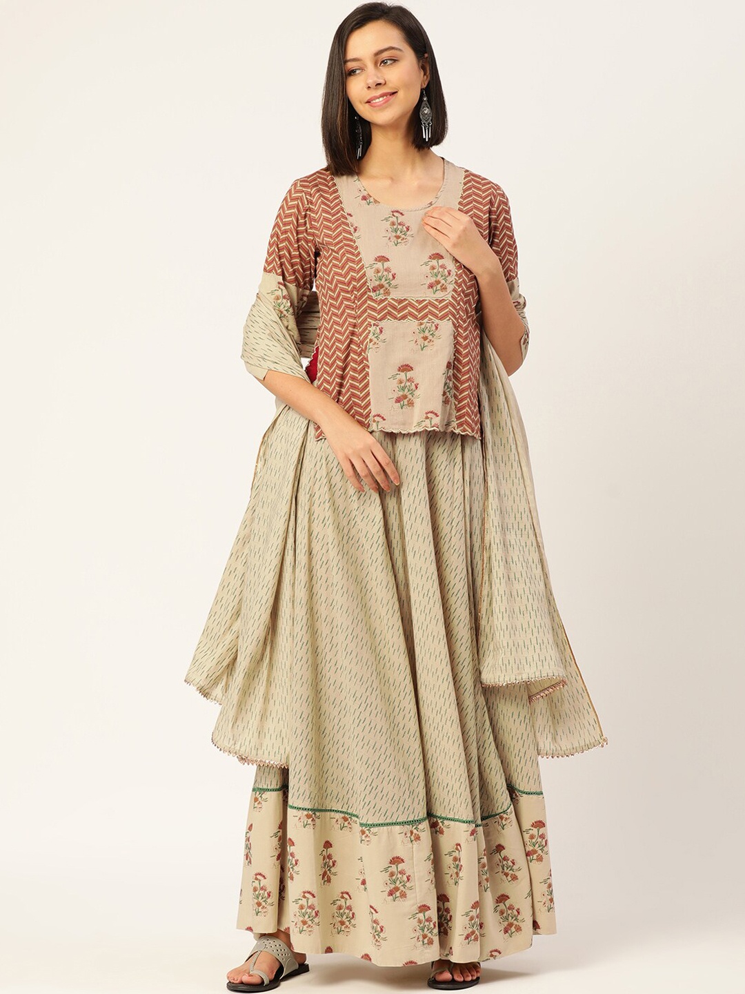 

MALHAAR Floral Printed Pure Cotton Kurti With Skirt & Dupatta, Beige