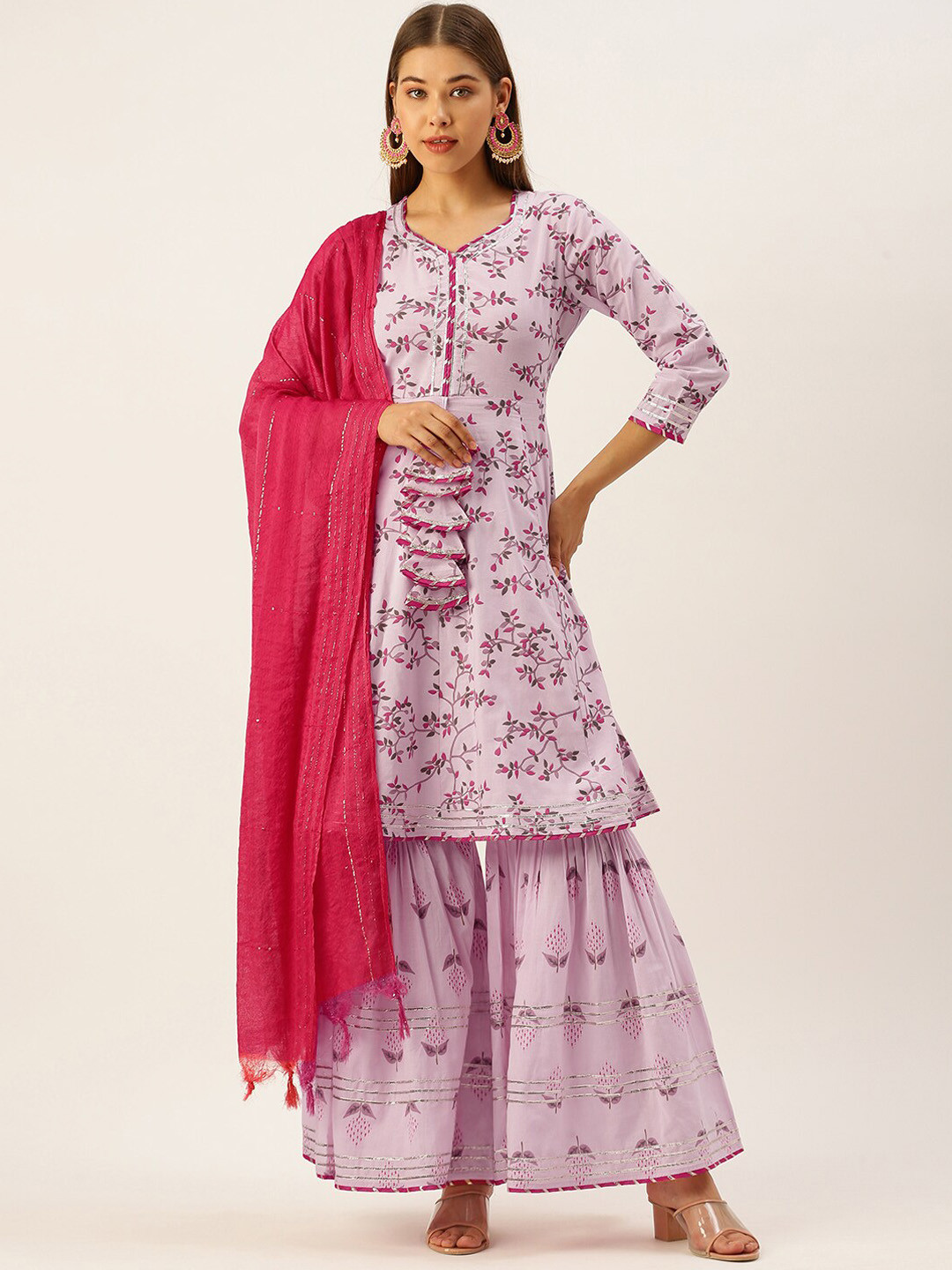 

MALHAAR Floral Printed Regular Pure Cotton Kurta with Sharara & With Dupatta, Pink