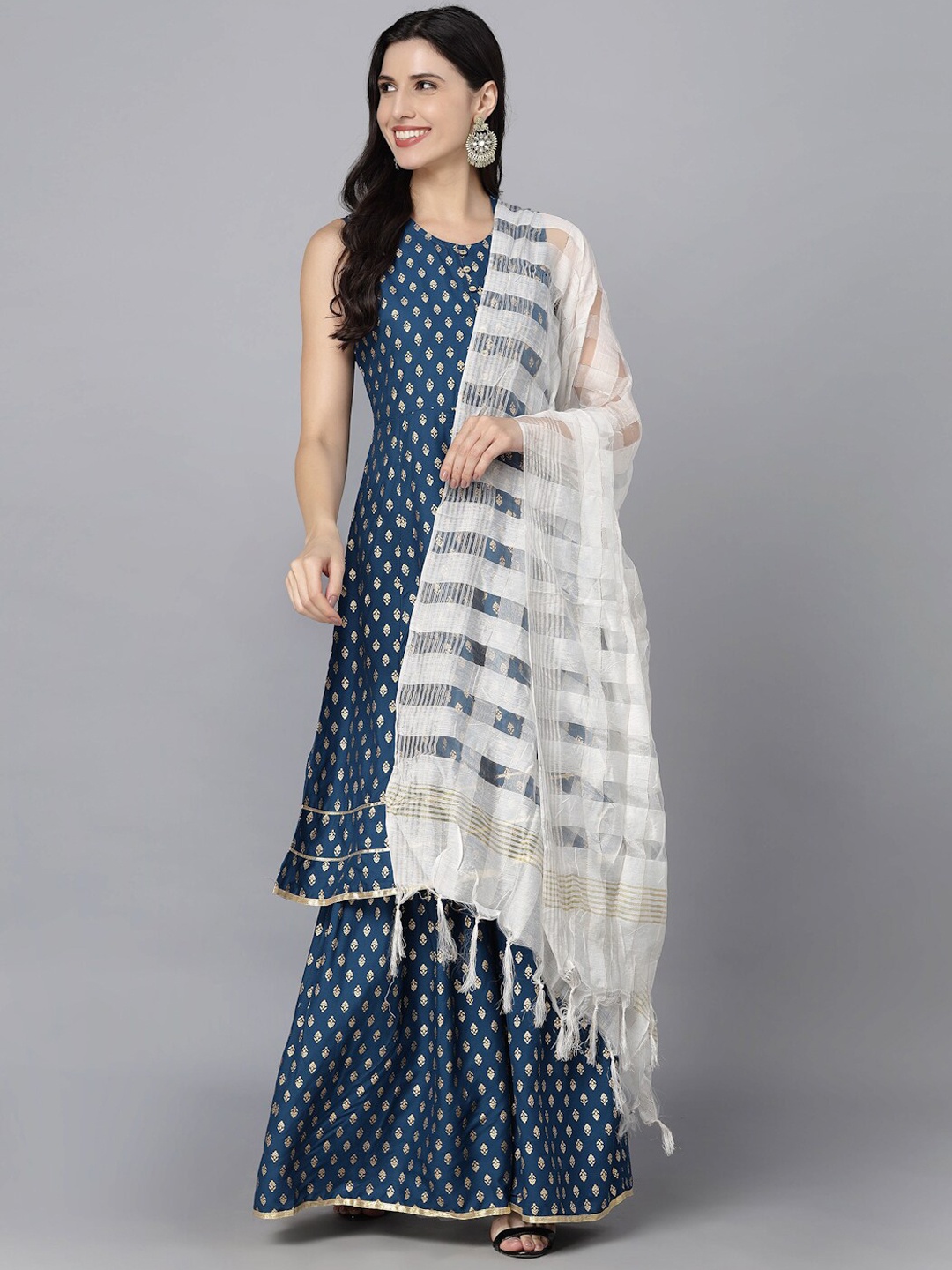 

MALHAAR Ethnic Motifs Printed Gotta Patti A-Line Kurta With Sharara & Dupatta, Navy blue