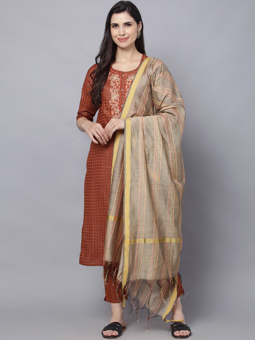 

MALHAAR Floral Embroidered Pure Cotton Kurta with Trousers & Dupatta, Rust