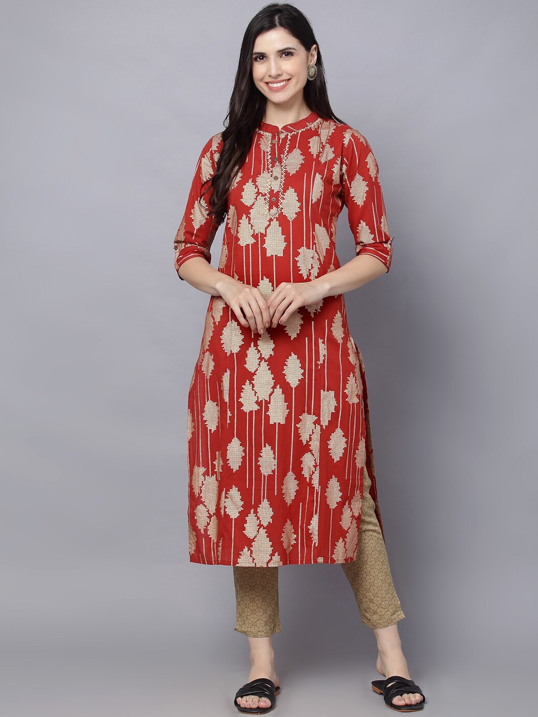 

MALHAAR Abstract Printed Thread Work Pure Cotton Kurta with Trousers, Red