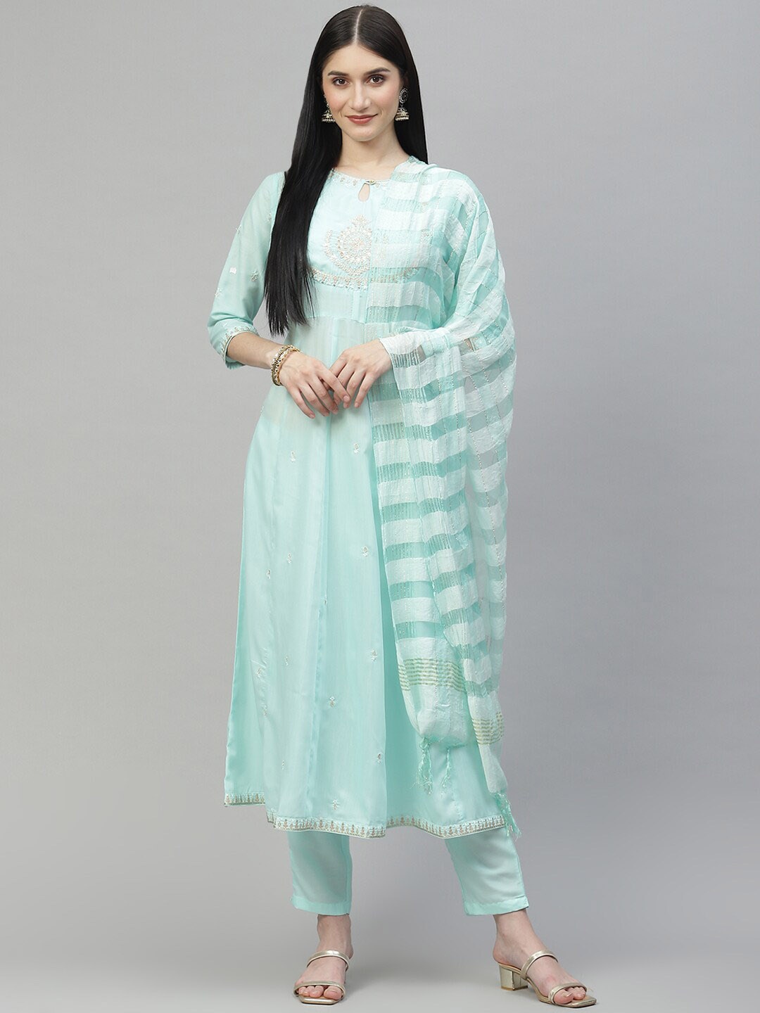 

MALHAAR Ethnic Motifs Embroidered Kurta with Trousers & Dupatta, Turquoise blue