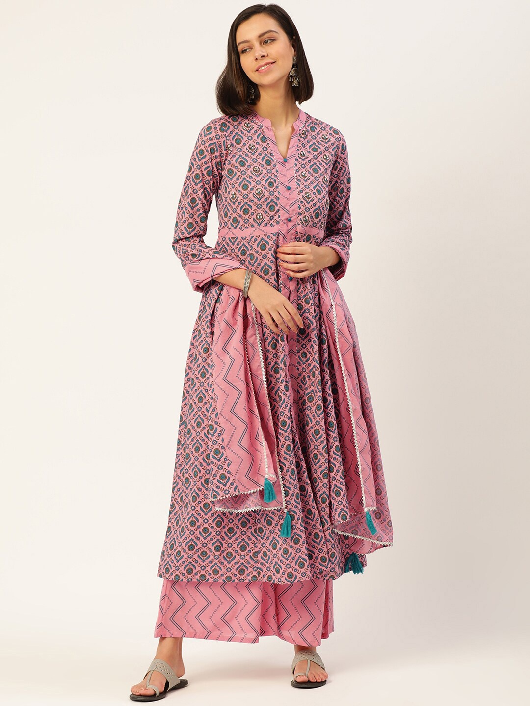 

MALHAAR Floral Printed Mandarin Collar Anarkali Pure Cotton Kurta With Palazzos & Dupatta, Pink