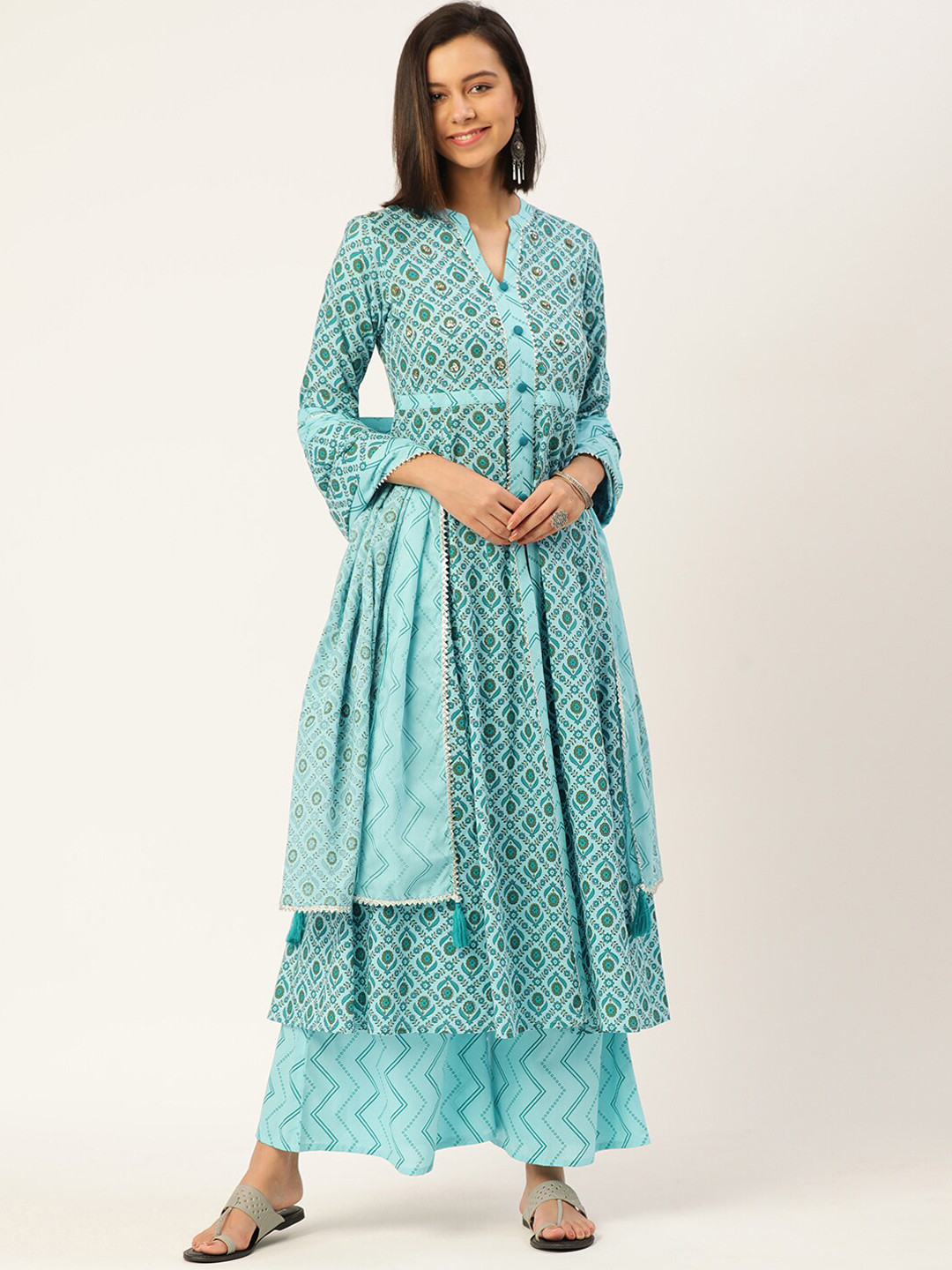 

MALHAAR Floral Printed Regular Pure Cotton Kurta With Trousers & Dupatta, Blue