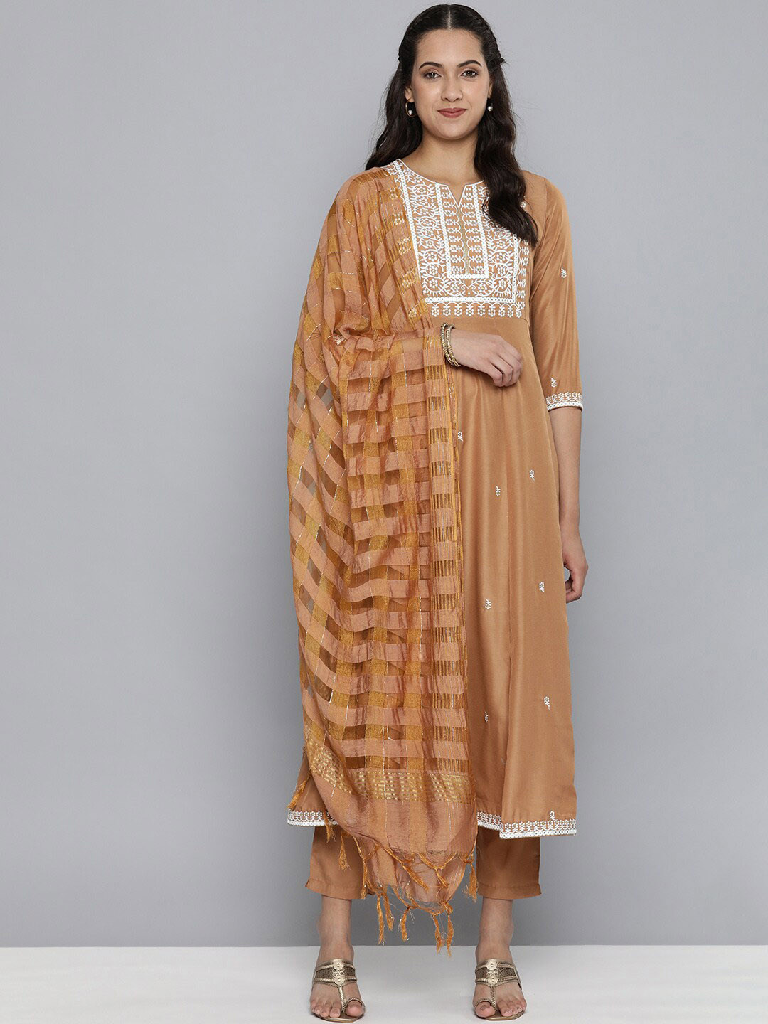 

MALHAAR Floral Embroidered Mirror Work A-Line Kurta with Trousers & Dupatta, Camel brown