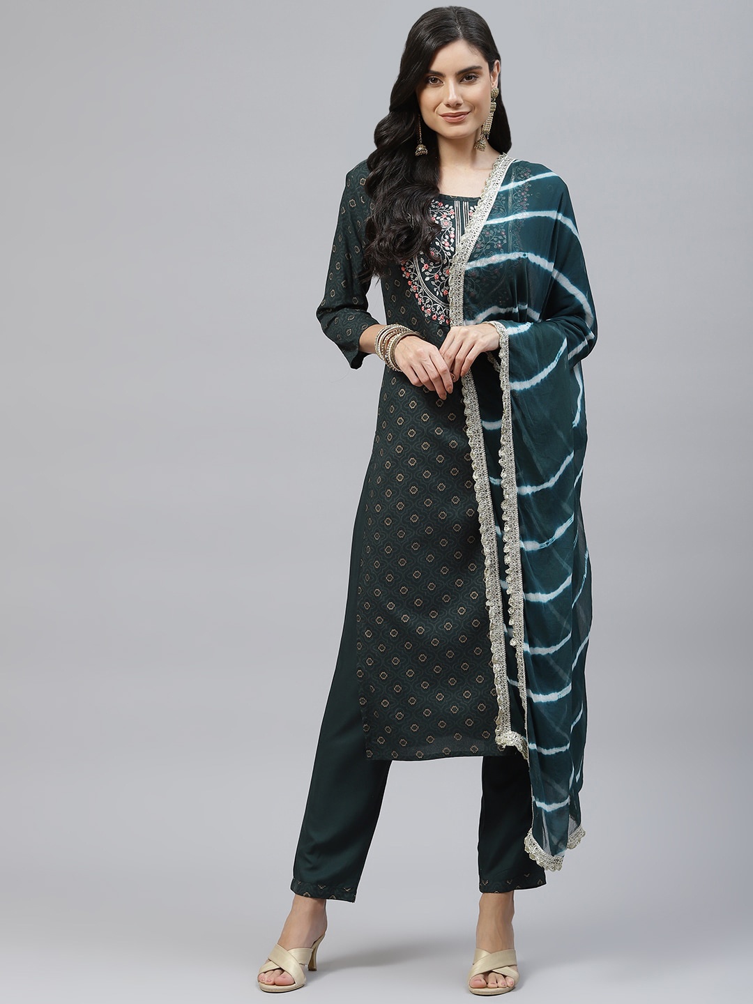 

MALHAAR Ethnic Motifs Printed Mirror Work Kurta with Trousers & With Dupatta, Green