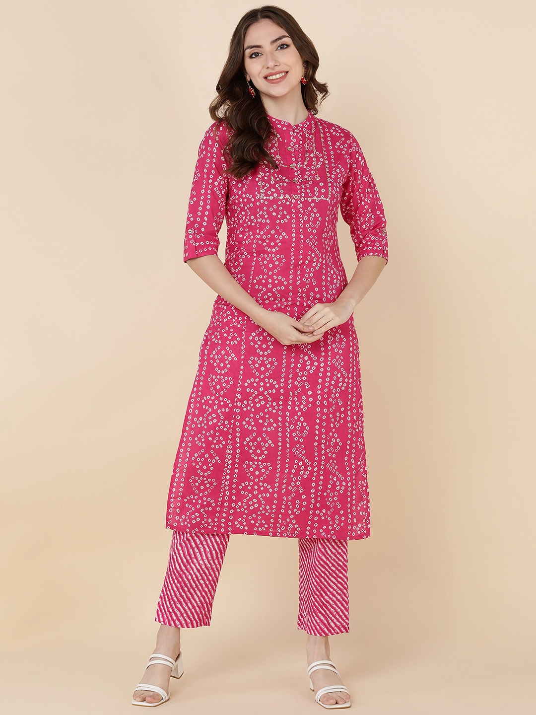 

MALHAAR Bandhani Printed Mandarin Collar Pure Cotton Kurta With Trousers, Pink