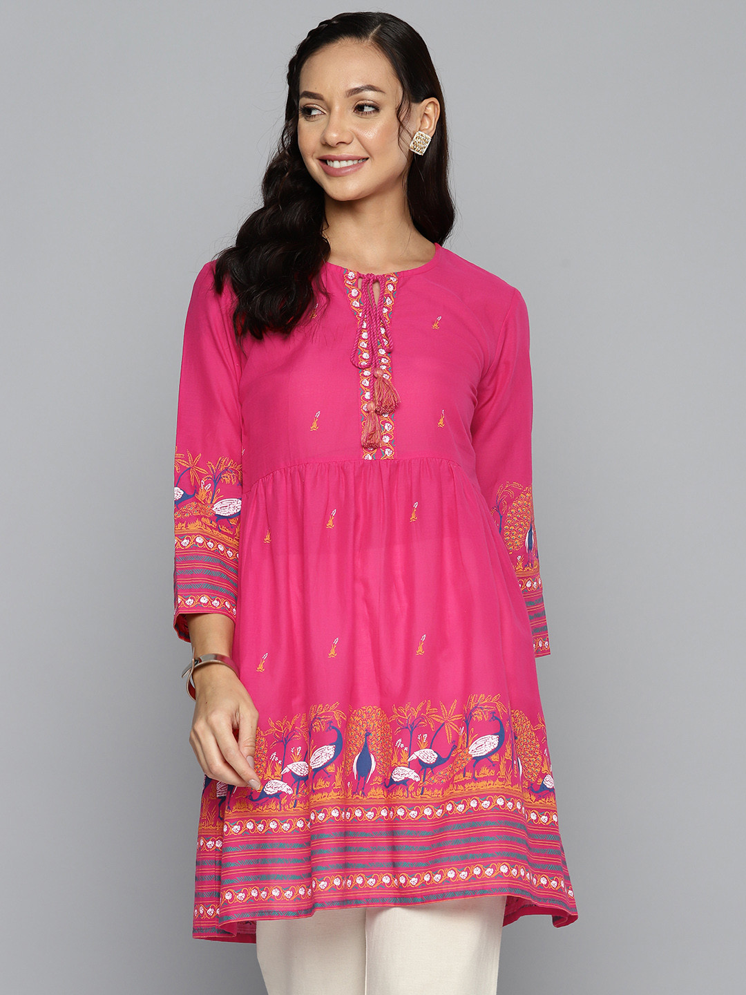 

HERE&NOW Ethnic Motifs Printed Tie-Up Neck Pure Cotton Kurti, Pink