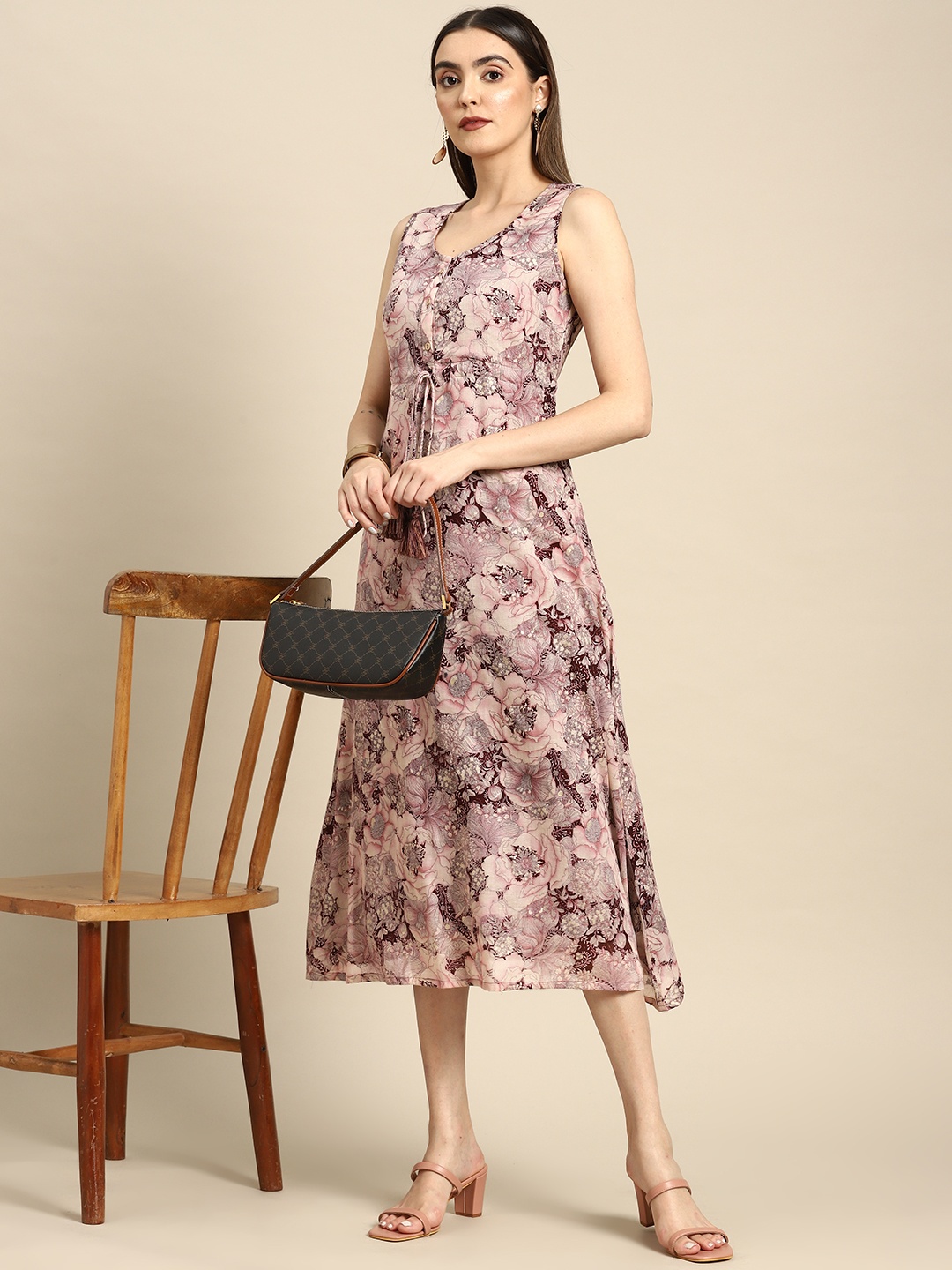 

Anouk Magenta & Beige Floral Print A-Line Maxi Dress