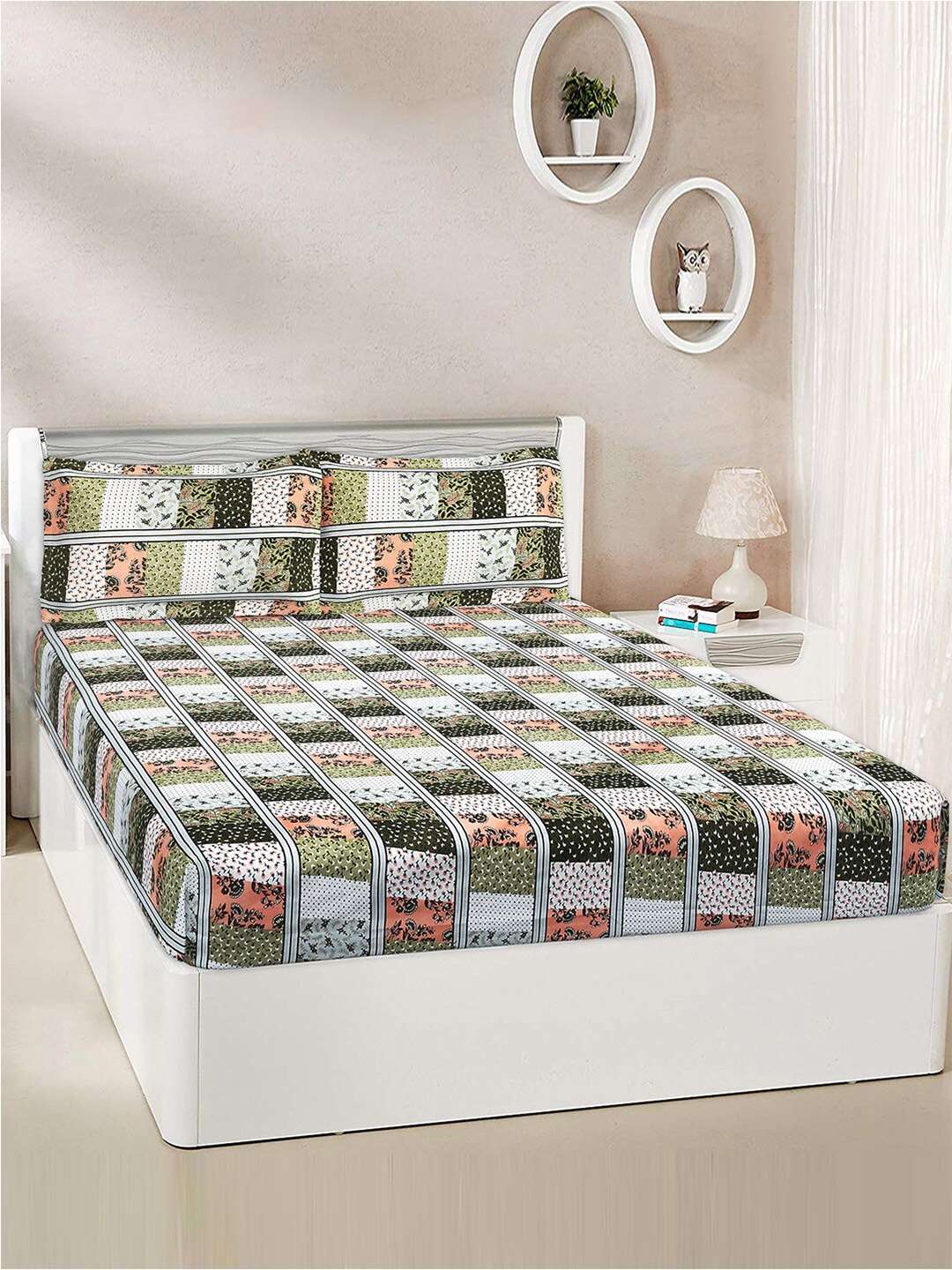 

Kuber Industries Green & Off White Geometric 144 TC Cotton King Bedsheet & 2 Pillow Covers