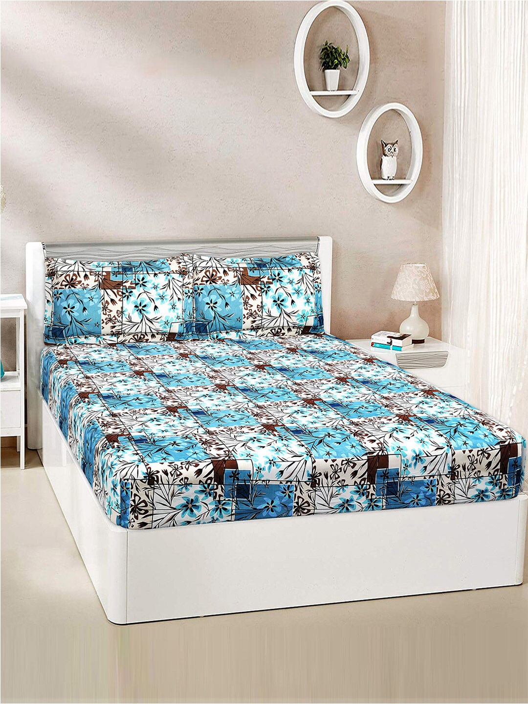 

Kuber Industries Blue & Off White Floral 144 TC Cotton King Bedsheet with 2 Pillow Covers