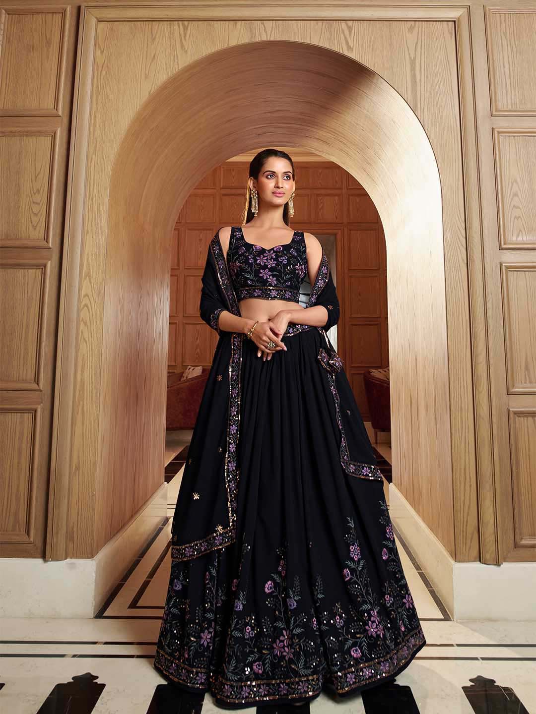 

SHUBHKALA Embroidered Semi-Stitched Lehenga & Unstitched Blouse With Dupatta, Navy blue