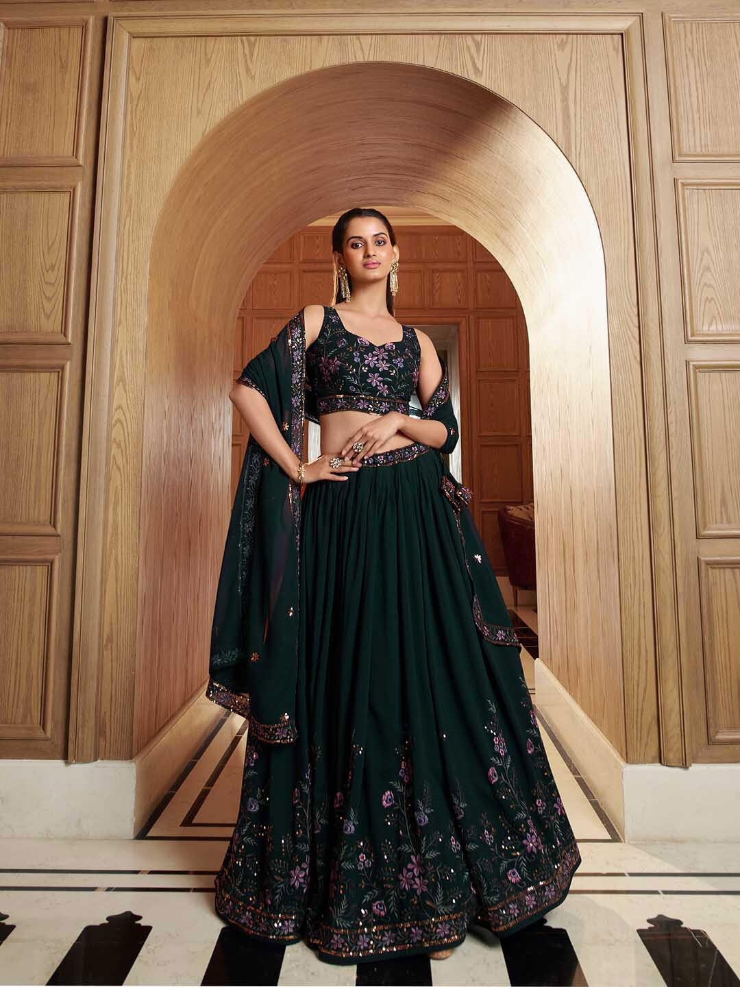 

SHUBHKALA Embellished Sequined Semi-Stitched Lehenga & Unstitched Blouse With Dupatta, Teal