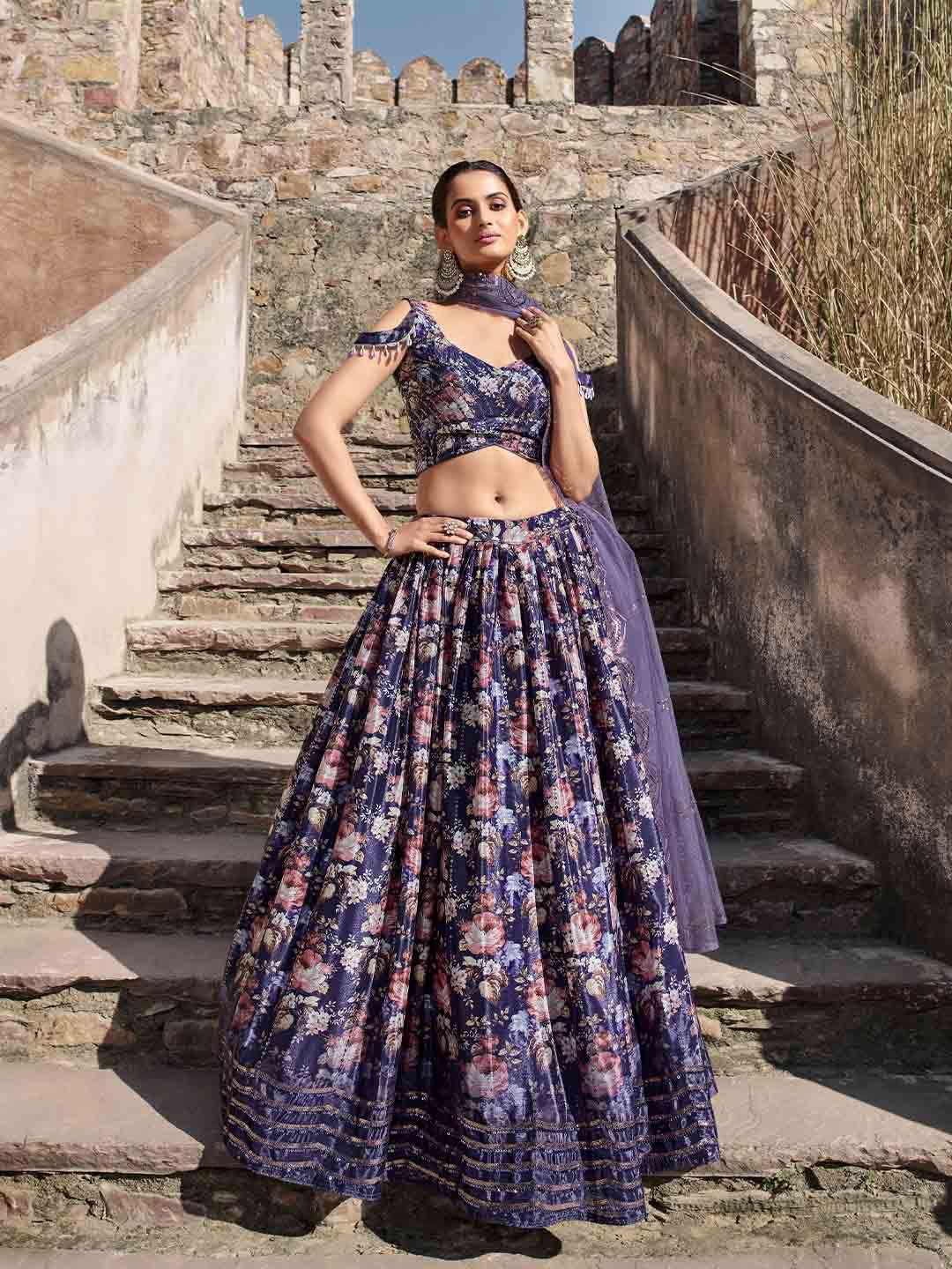 

SHUBHKALA Printed Semi-Stitched Lehenga & Unstitched Blouse With Dupatta, Purple