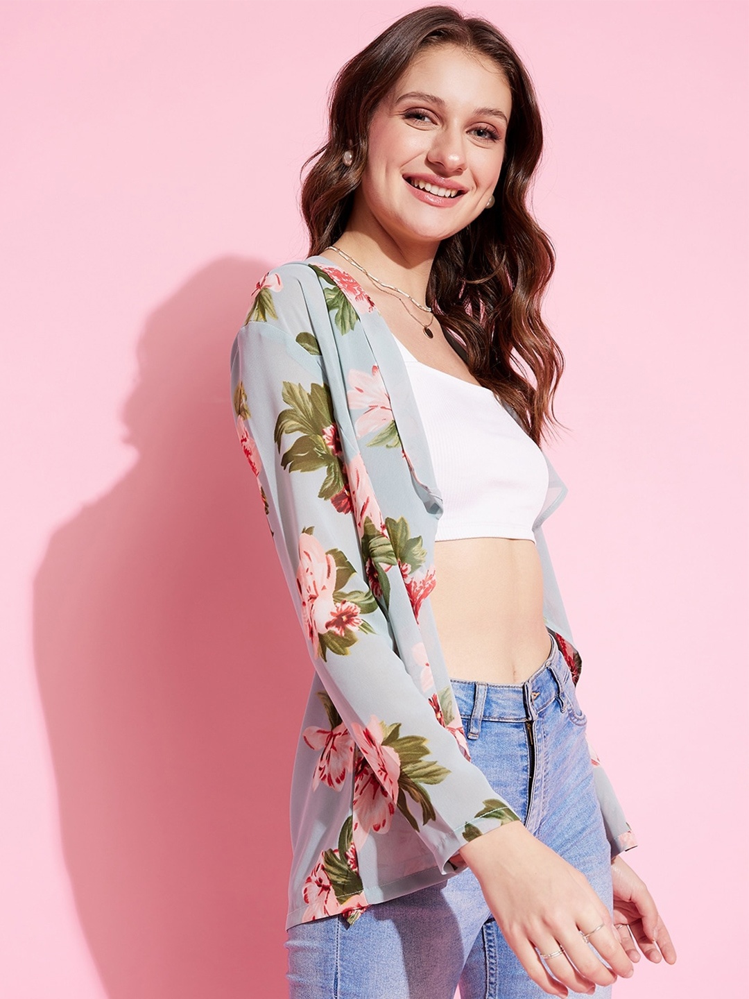 

KASSUALLY Women Blue & Red Floral Printed Open Front Shrug