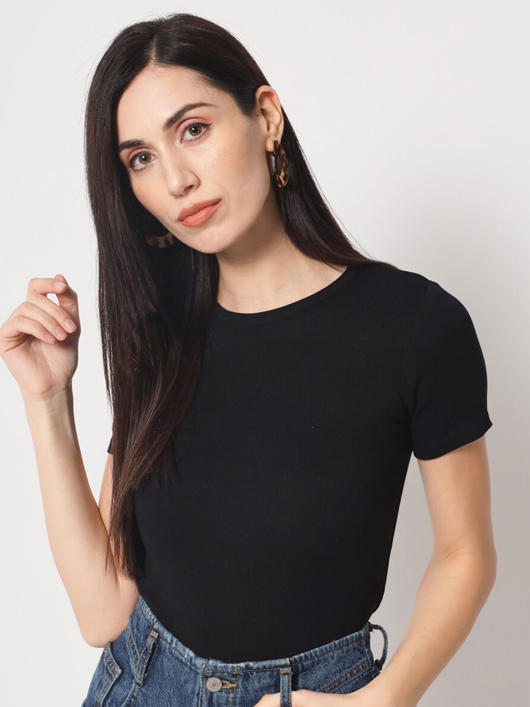 

CHARMGAL Round Neck Short Sleeves Eco Liva Modal Top, Black