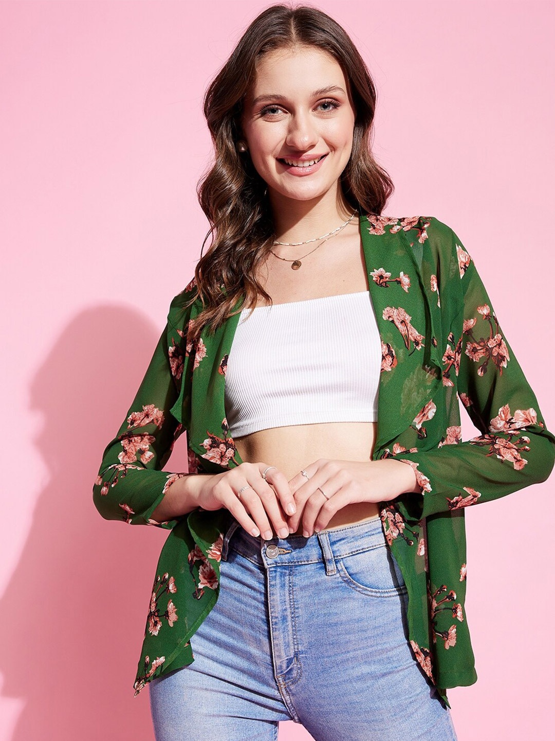 

KASSUALLY Green & Brown Floral Printed Shrug With Smoking