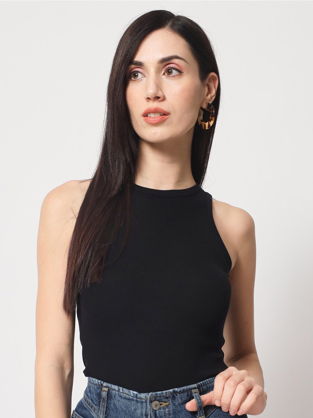 

CHARMGAL Round Neck Sleeveless Fitted Eco Liva Modal Top, Black