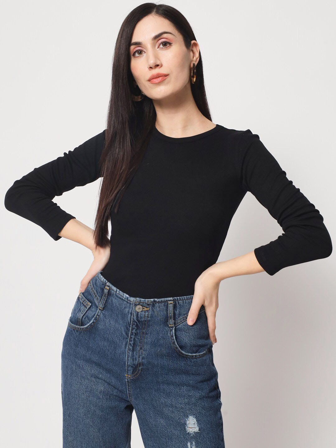 

CHARMGAL Round Neck Long Sleeves Fitted Eco Liva Modal Top, Black