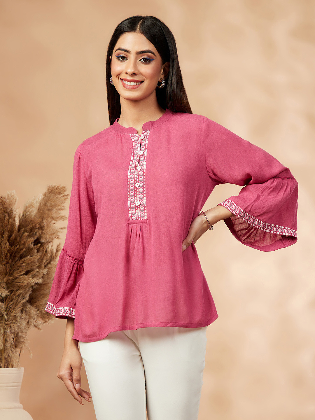 

IMARA Mandarin Neck Bell Sleeves Top, Rose