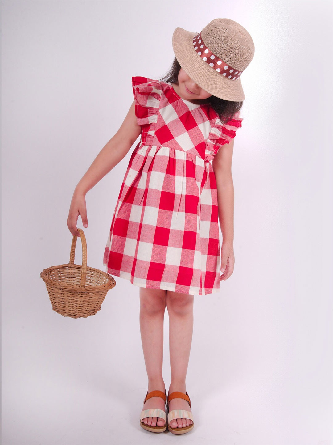 

Little Carrot Girls Checked Flutter Sleeve Cotton Fit & Flare Dress, Red