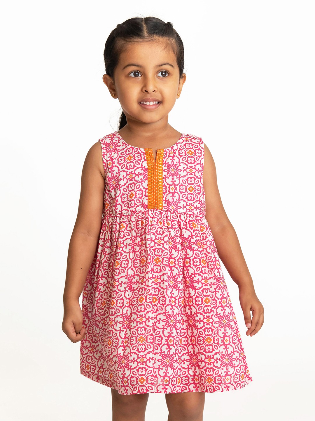 

Campana Girls Floral Print Knee Length Fit & Flare Cotton Dress, Pink