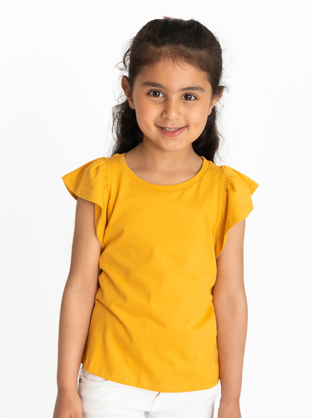 

Campana Girls Flutter Sleeves Pure Cotton Top, Yellow