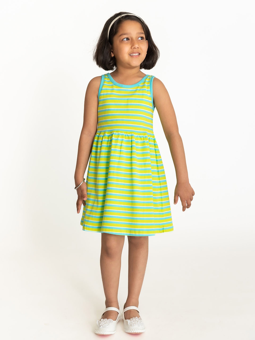 

Campana Striped Gathered Or Pleated Cotton Fit & Flare Dress, Lime green