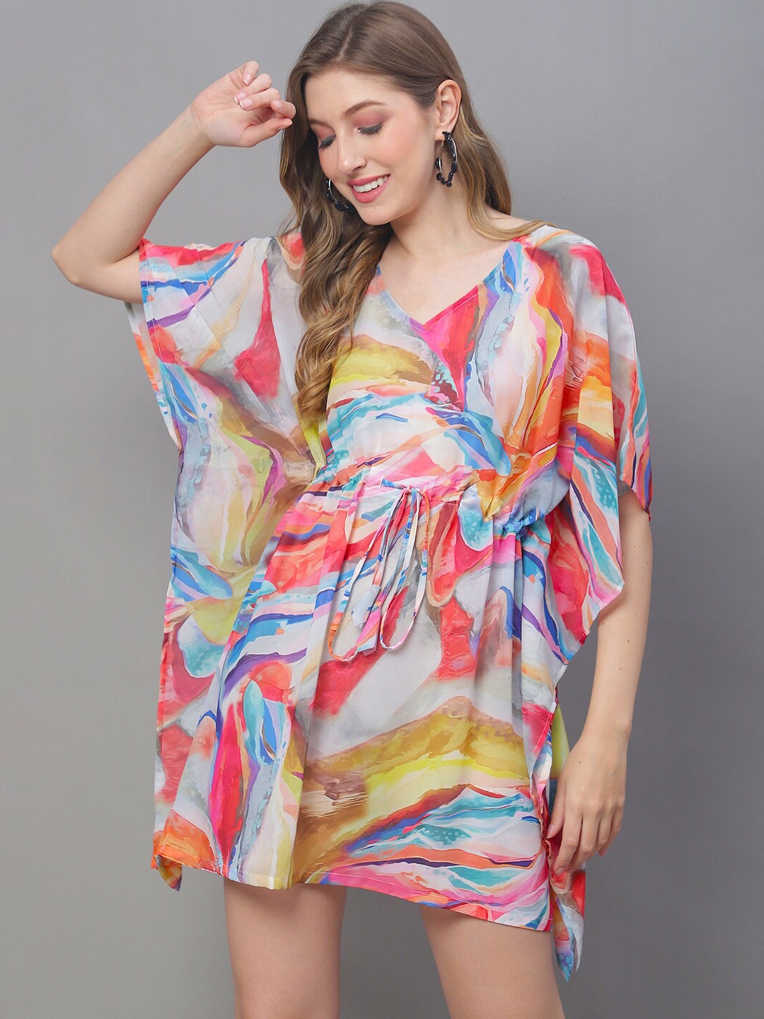 

Claura Off-White Abstract Printed Swimwear Kaftan Cover Up Dress