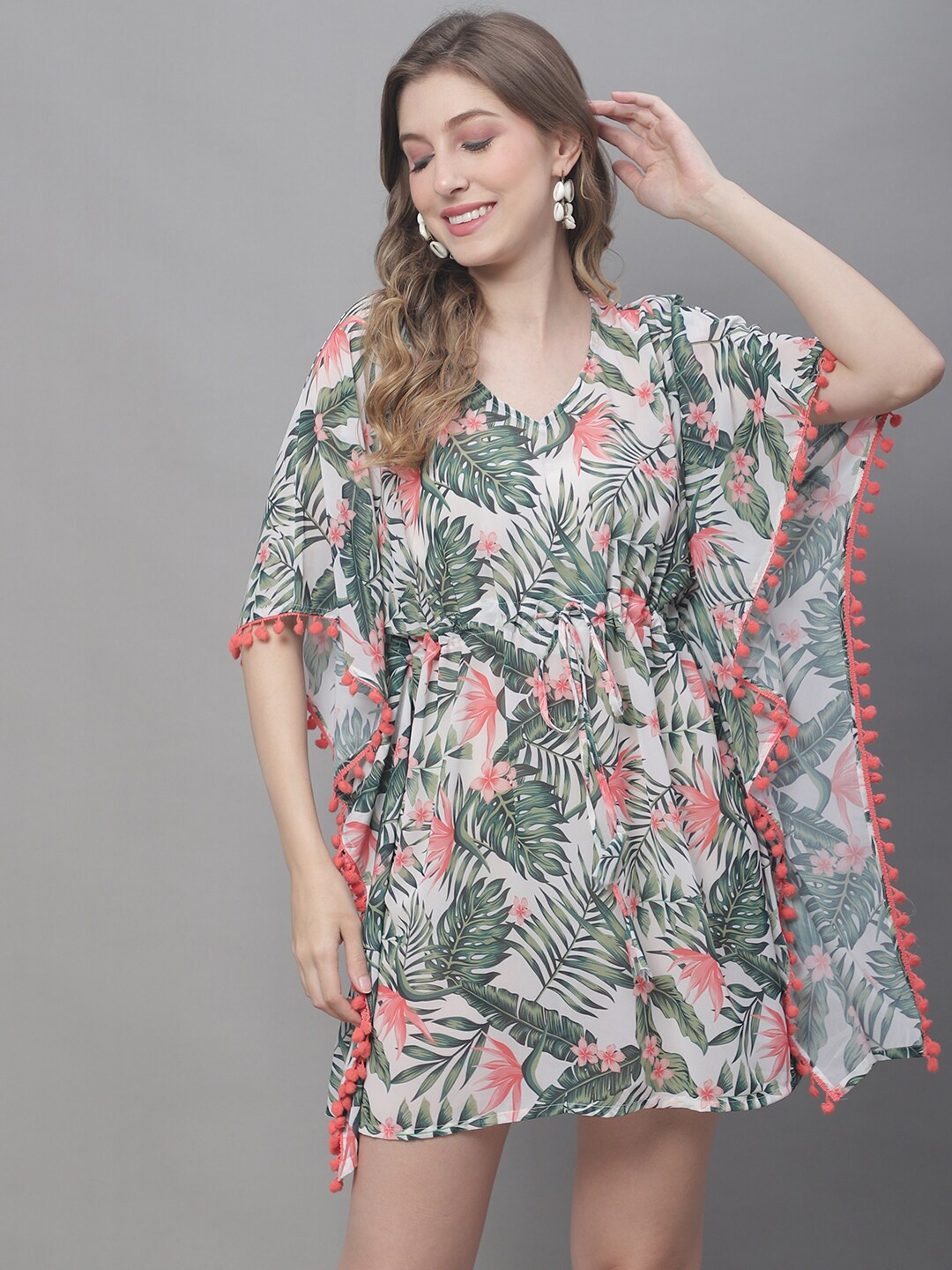 

Claura Green & Pink Tropical Printed Swimwear Cover Up kaftan Dress