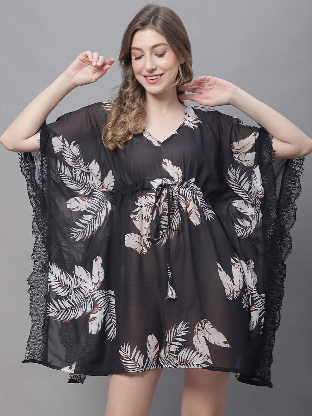 

Claura Tropical Printed V-Neck Swimwear Cover up Dress, Black