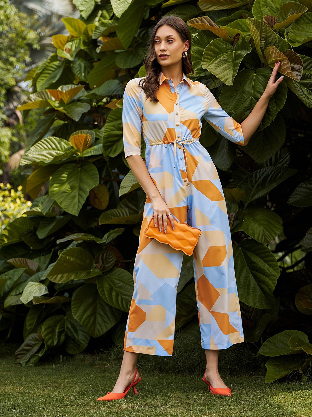 

KASSUALLY Abstract Printed Waist Tie Up Jumpsuit, Orange
