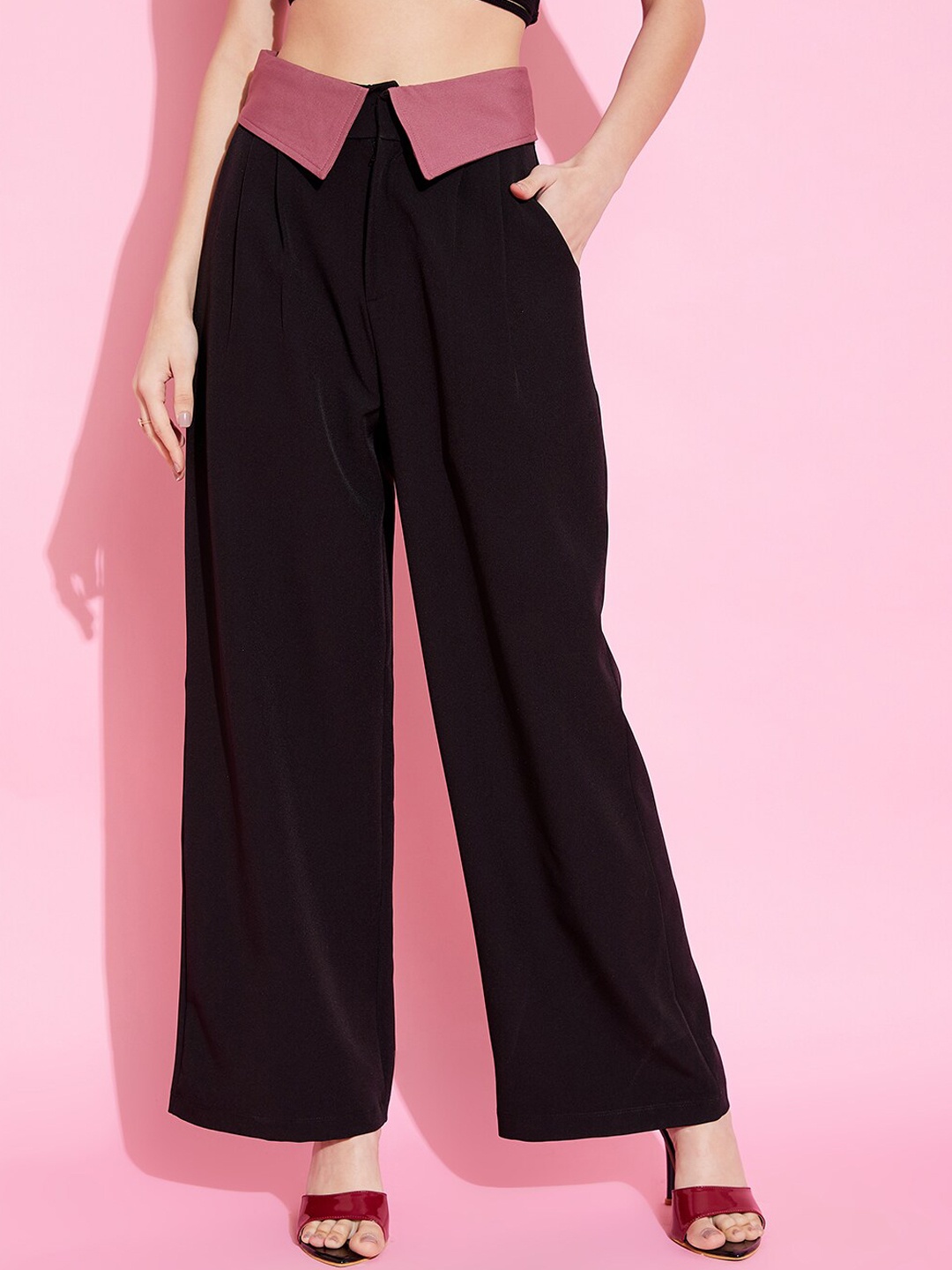

KASSUALLY Women Black Straight Fit Color Block Safari Edit Trouser