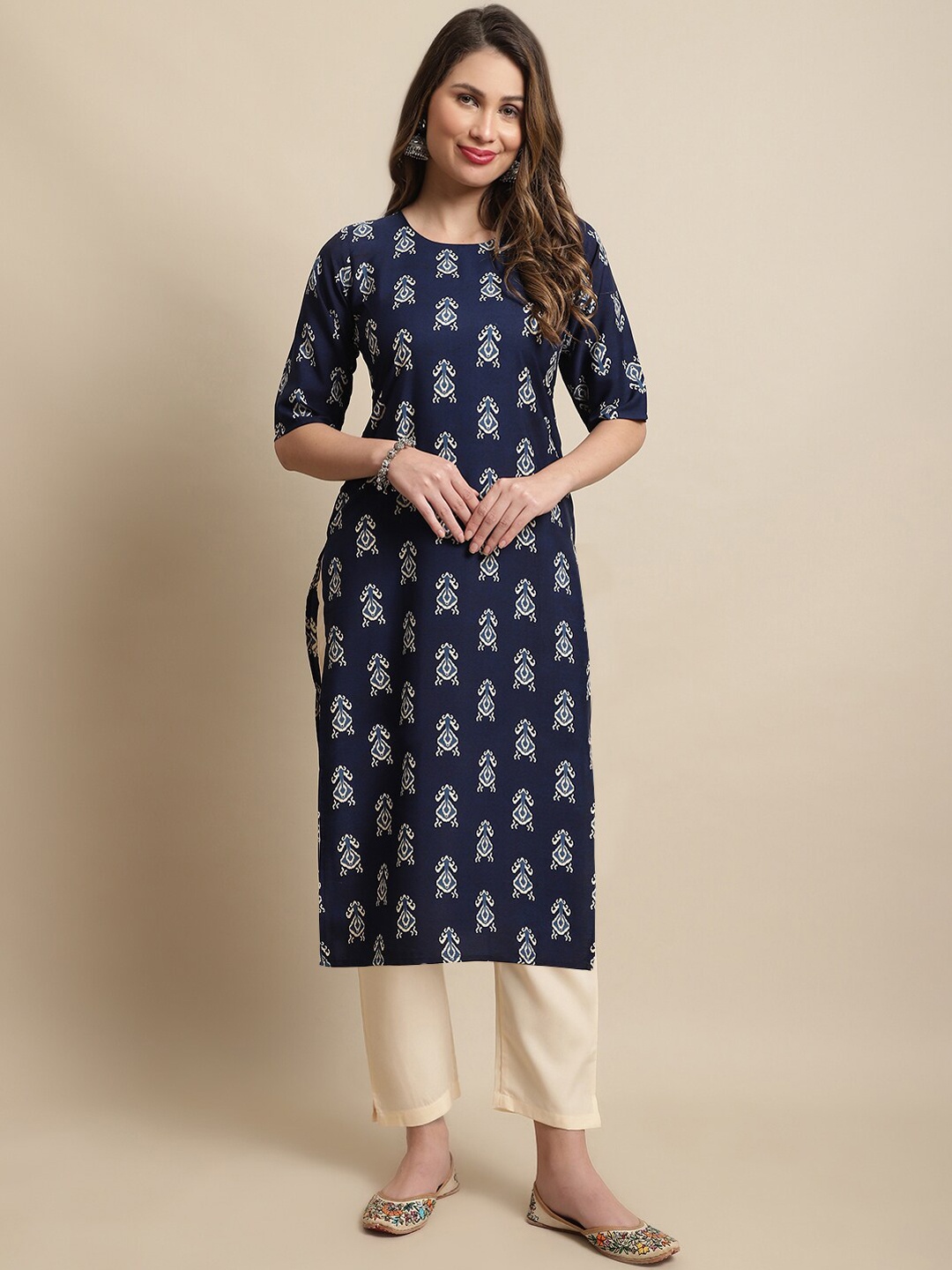 

7Threads Ethnic Motifs Printed Crepe Kurta, Blue