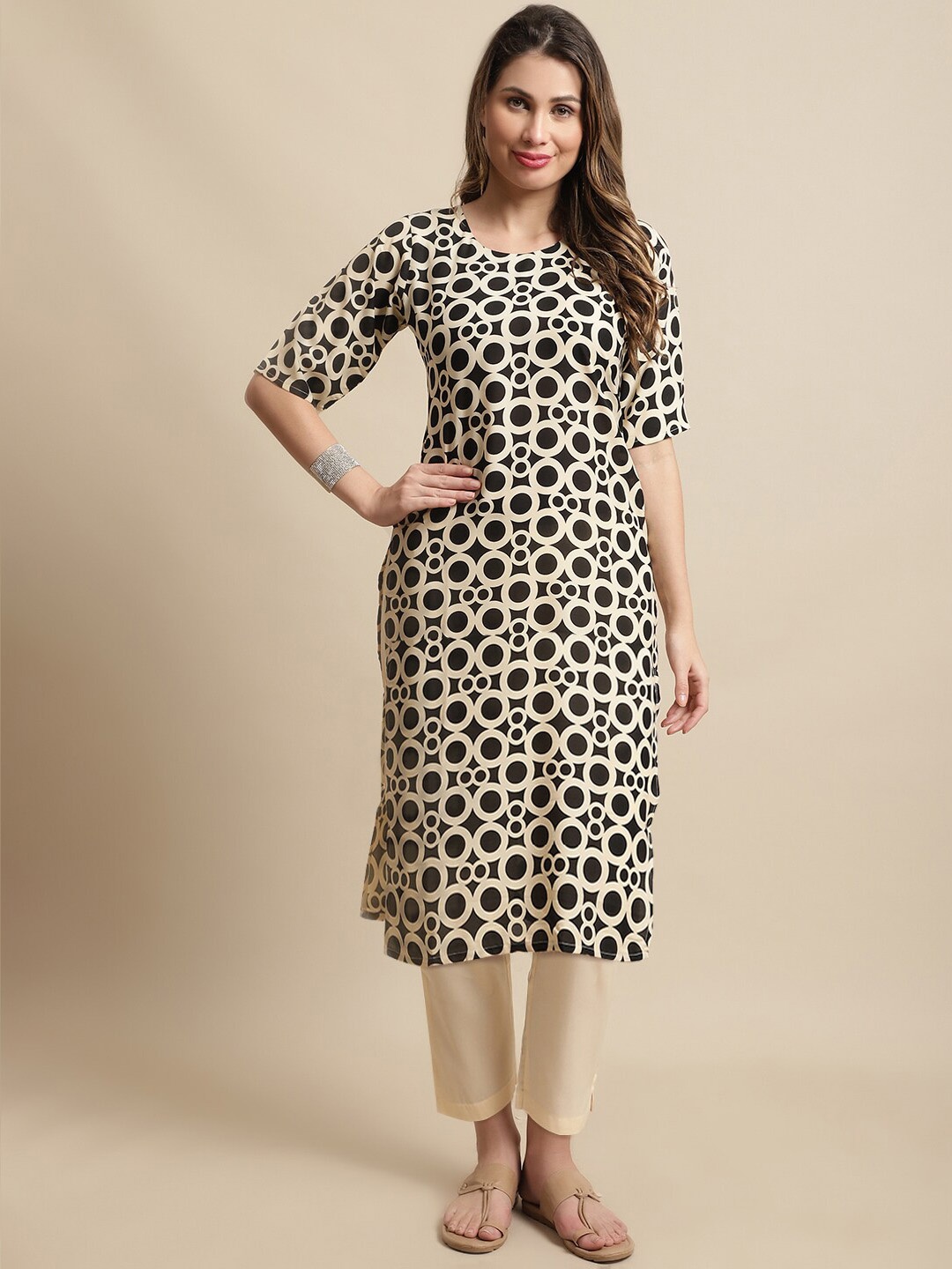 7Threads Geometric Printed Crepe Kurta, Black