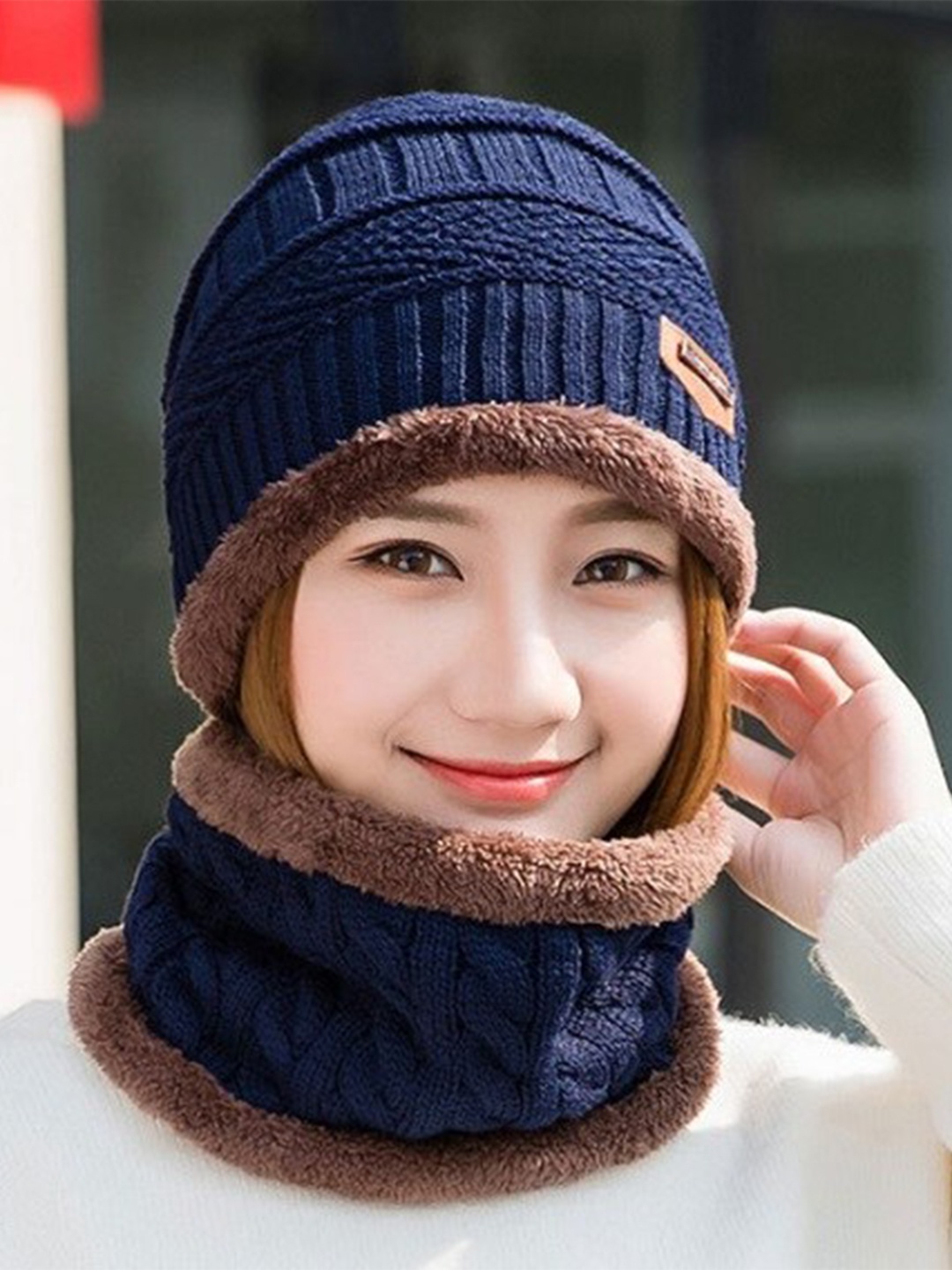 

Alexvyan Women Woollen Beanie With Scarf, Navy blue