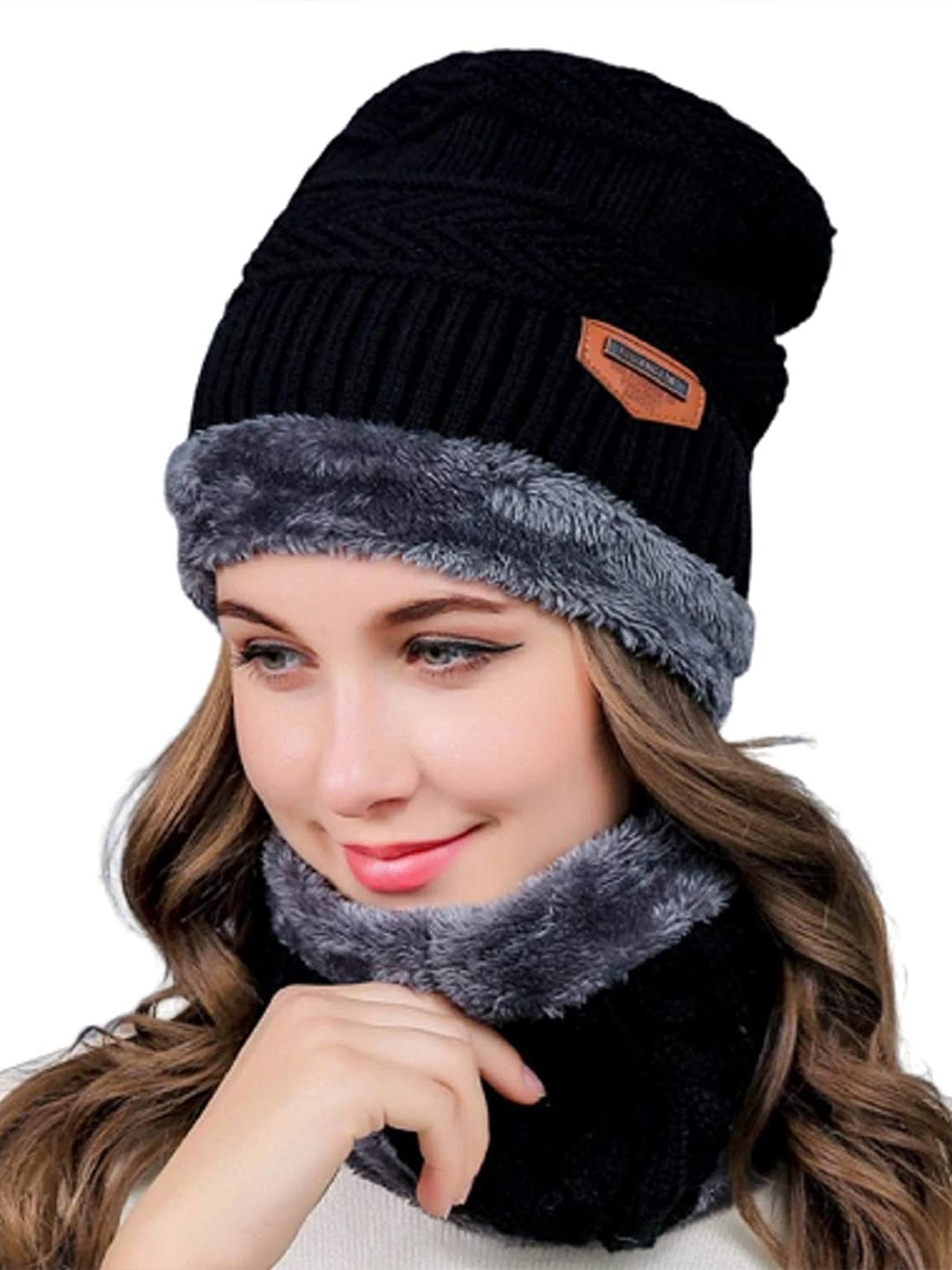 

Alexvyan Women Woollen Beanie With Scarf, Black