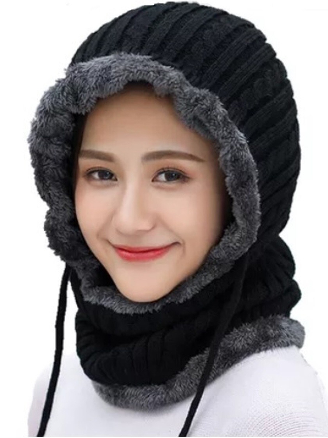 

Alexvyan Women Cap & Scaf Warm Winter Snow proof Woolen Thermal Soft Woollen Balaclava, Black