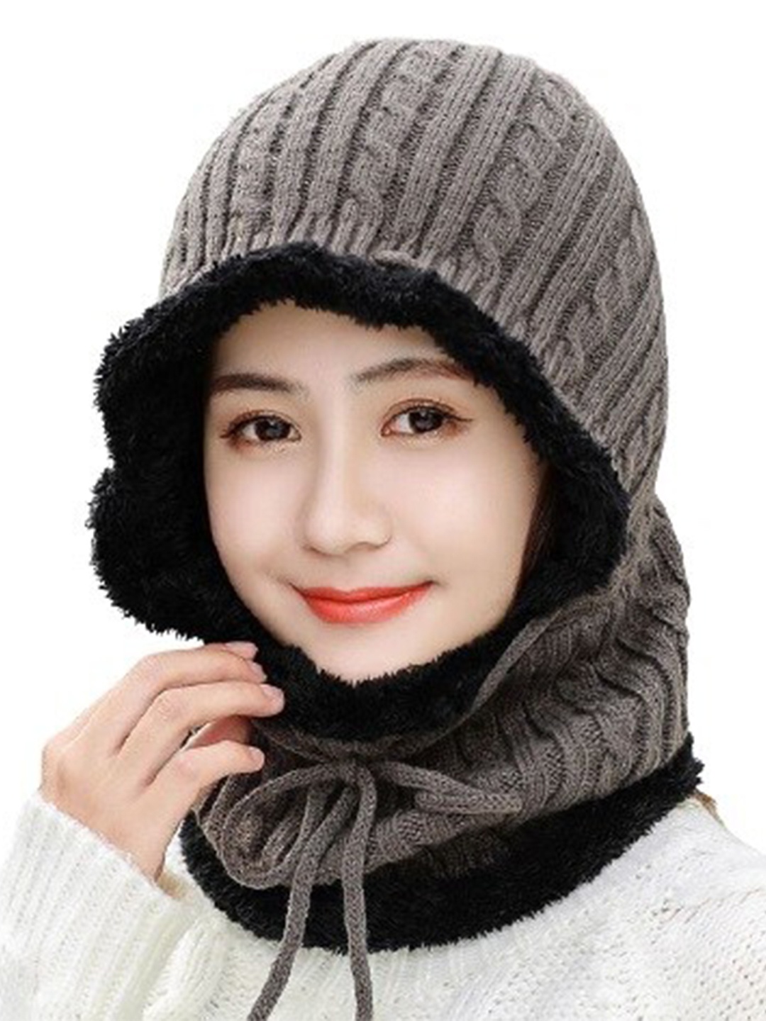 

Alexvyan Women Cap & Scaf Warm Winter Snow proof Woolen Thermal Soft Woollen Balaclava, Grey