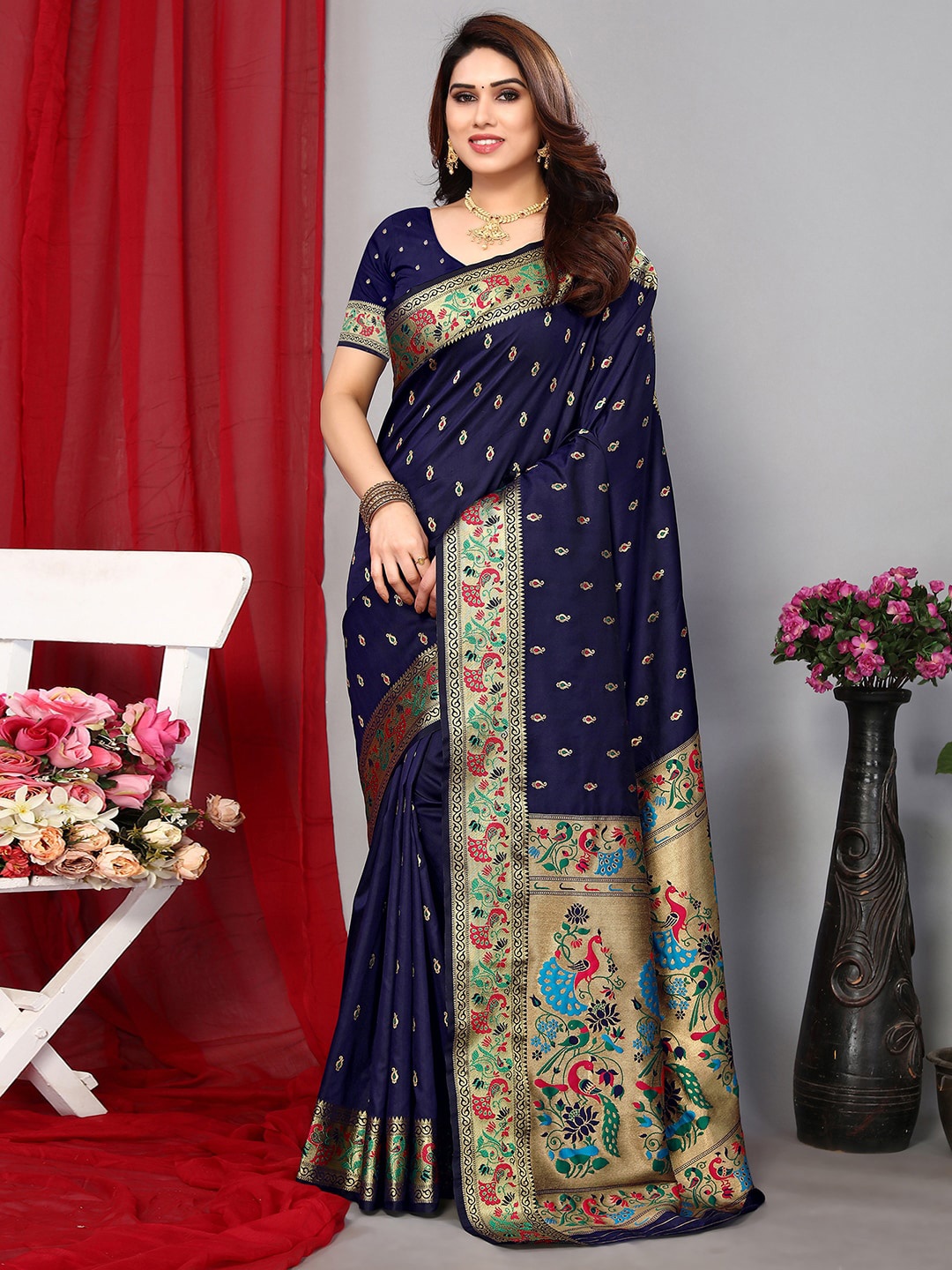

Satrani Navy Blue & Gold Toned Ethnic Motif Woven Design Zari Banarasi Saree