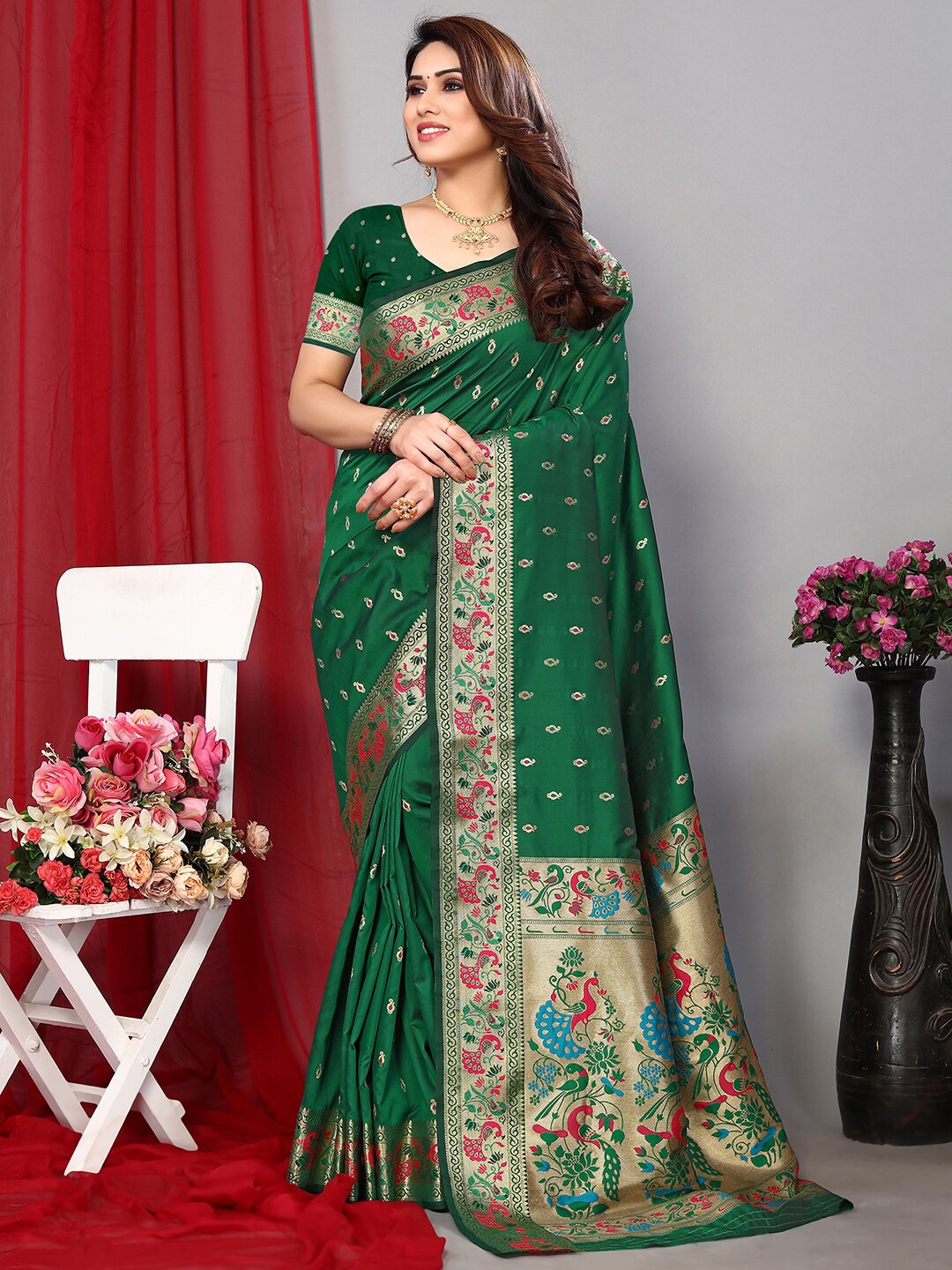 

Satrani Green Woven Design Banarasi Saree