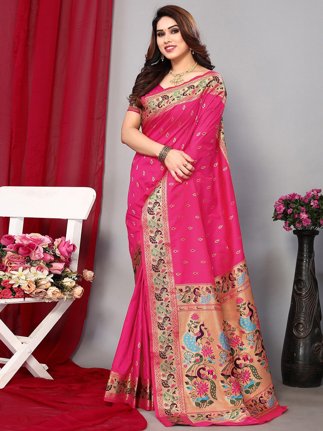 

Satrani Pink & Gold Toned Ethnic Motif Woven Design Banarasi Saree