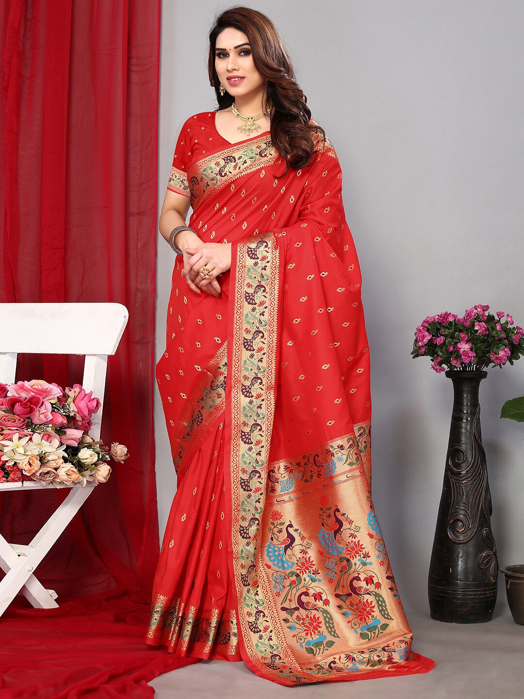 

Satrani Woven Design Banarasi Saree, Red