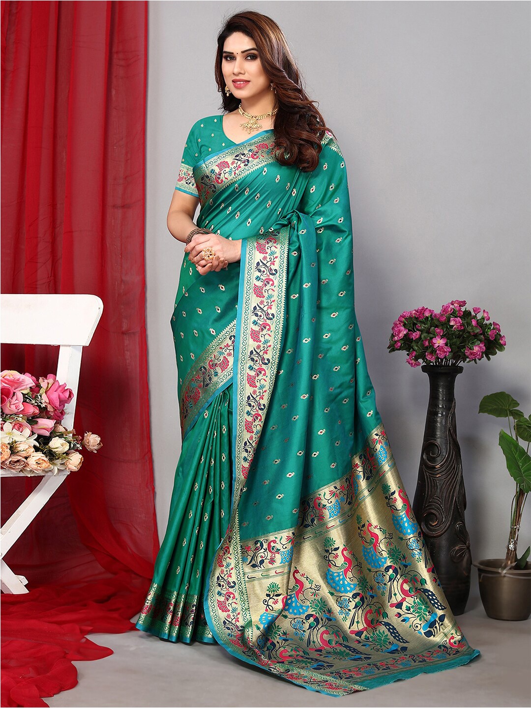 

Satrani Teal Green & Gold Toned Ethnic Motif Woven Design Banarasi Saree